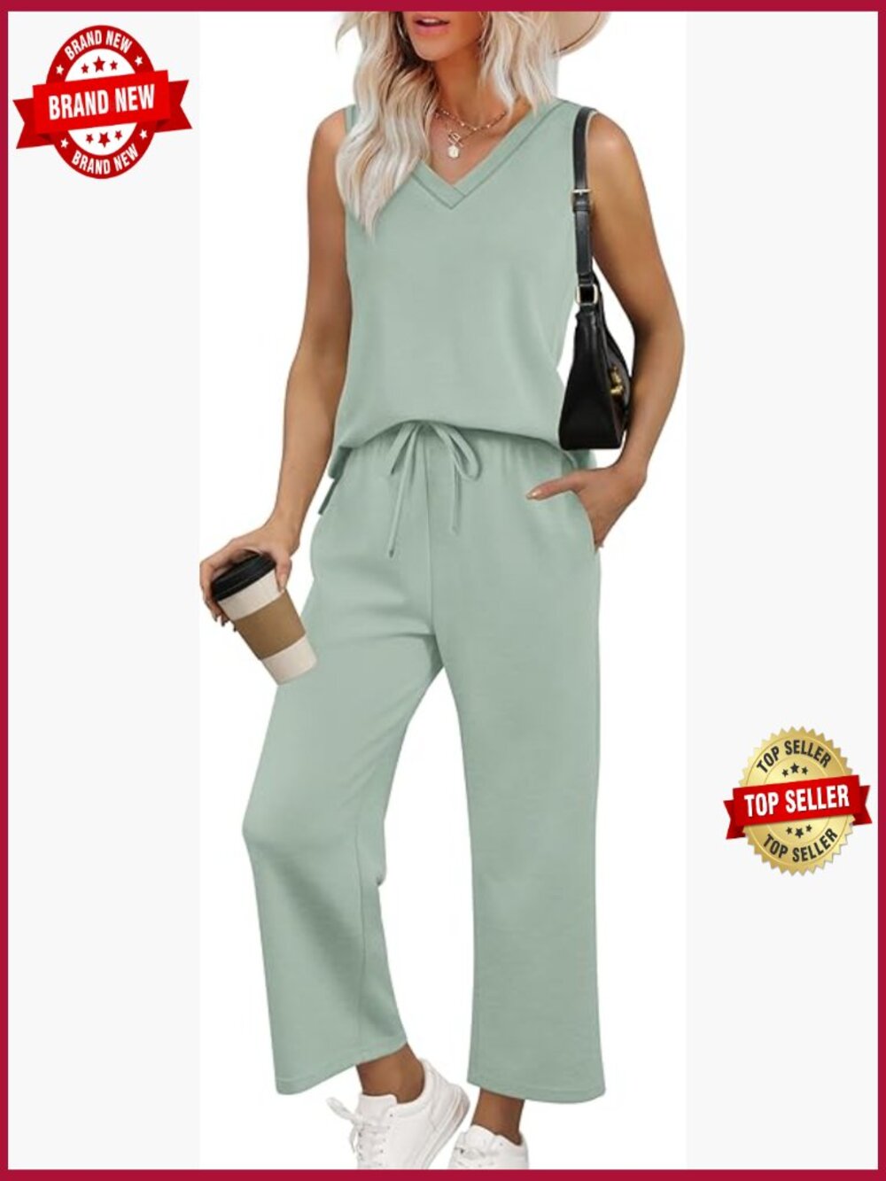 Two Piece Lounge Set V Neck Tank Wide Leg Pants Matching Outfit Summer Travel